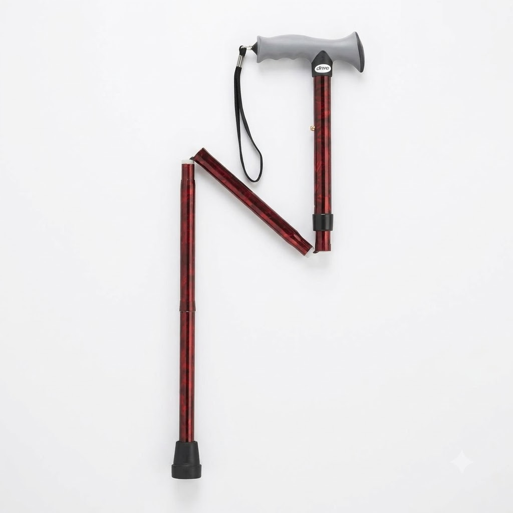 Drive Medical Aluminum Folding Cane With Gel Grip and Red Crackle