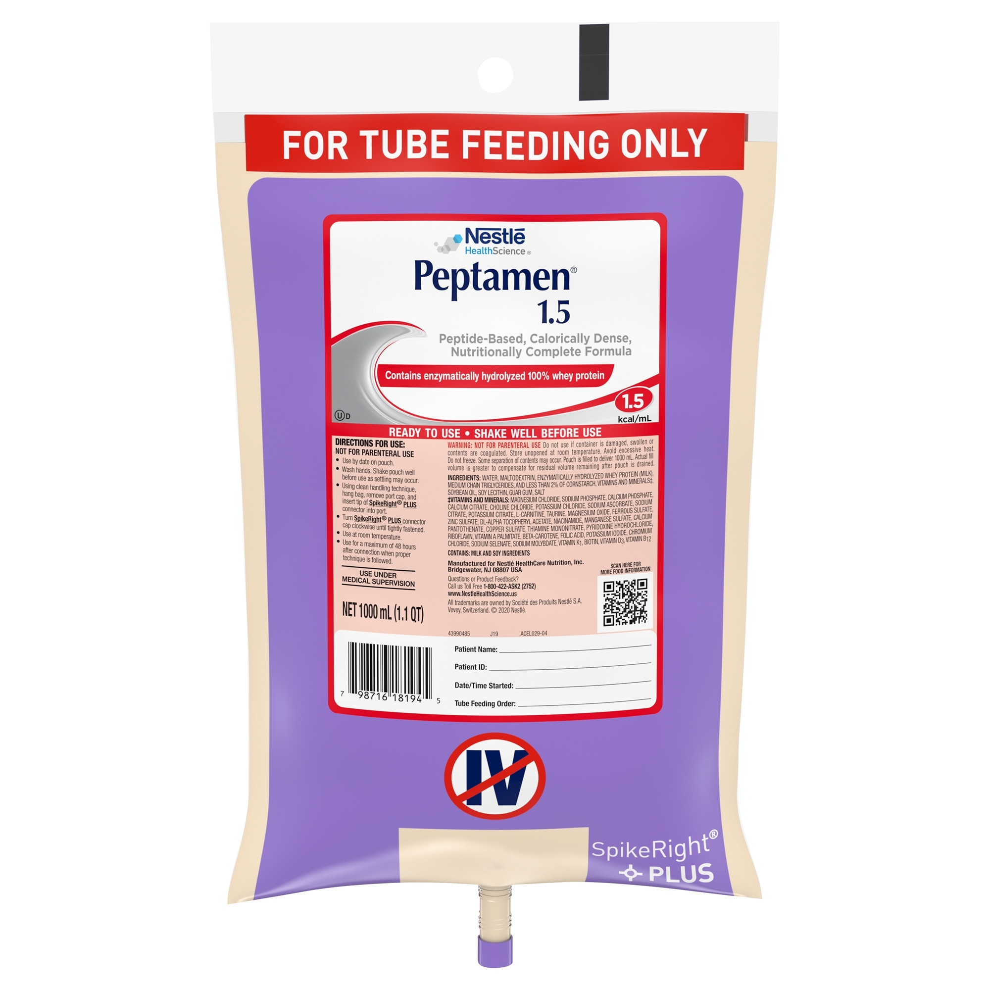 Peptamen 1.5 Peptide Based Calorically Dense Ready to Hang Tube Feeding Formula