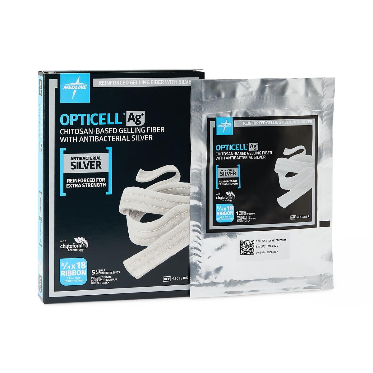 silver antibacterial gelling fiber wound dressing Medline Opticell AG Plus Silver Antibacterial Gelling Fiber Wound Dressing,18 L x 0.75 W,Ribbon,50/Case,MSC9818R