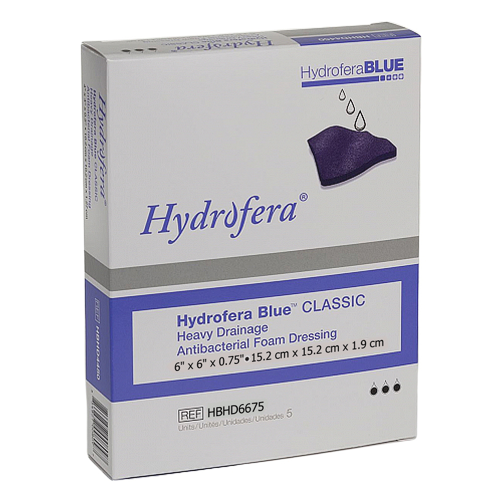 Hydrofera Blue Classic Heavy Drainage Antibacterial Foam Dressing, 6 x 6  Inch - Box of 5