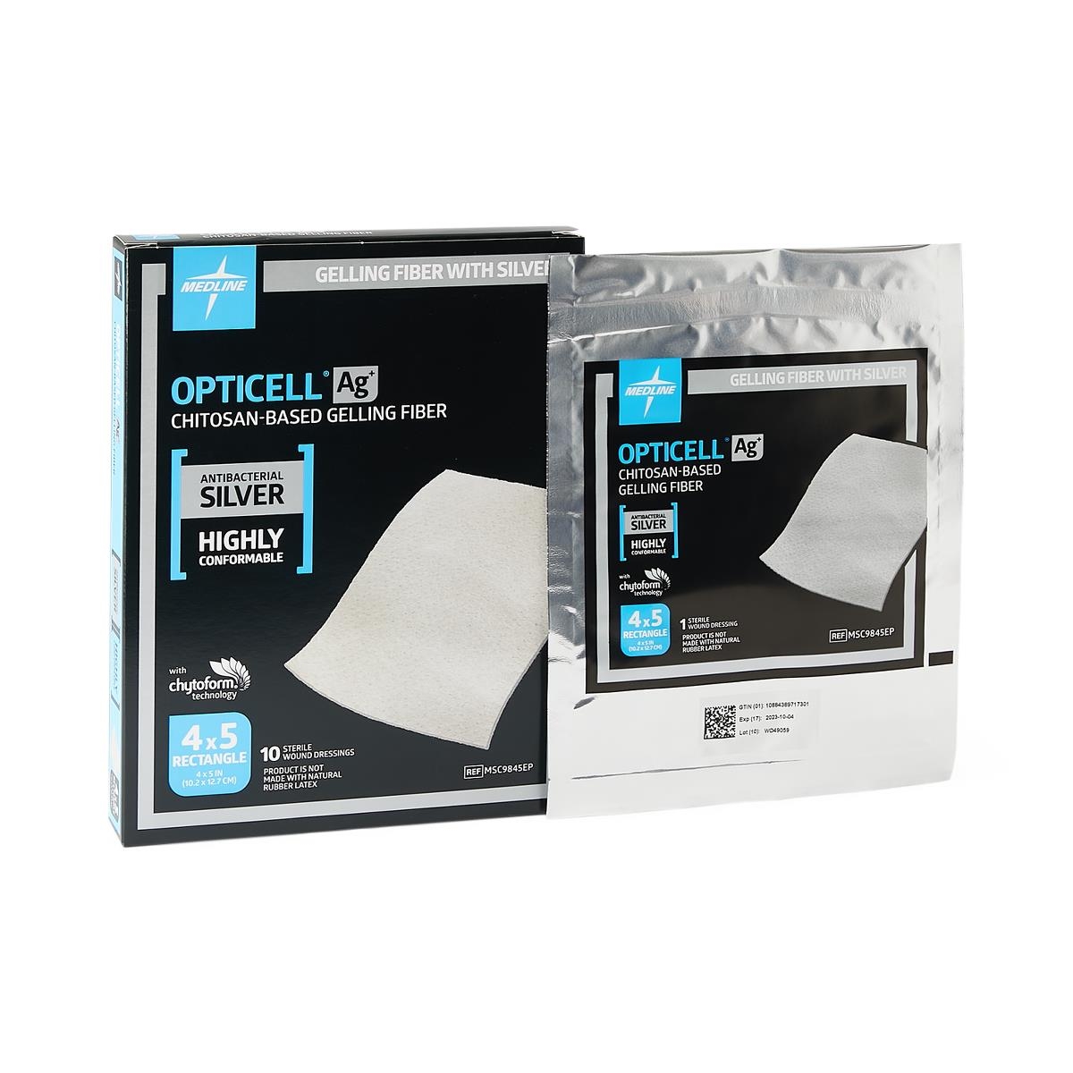 silver antibacterial gelling fiber wound dressing Medline Opticell AG Plus Silver Antibacterial Gelling Fiber Wound Dressing,18 L x 0.75 W,Ribbon,50/Case,MSC9818R