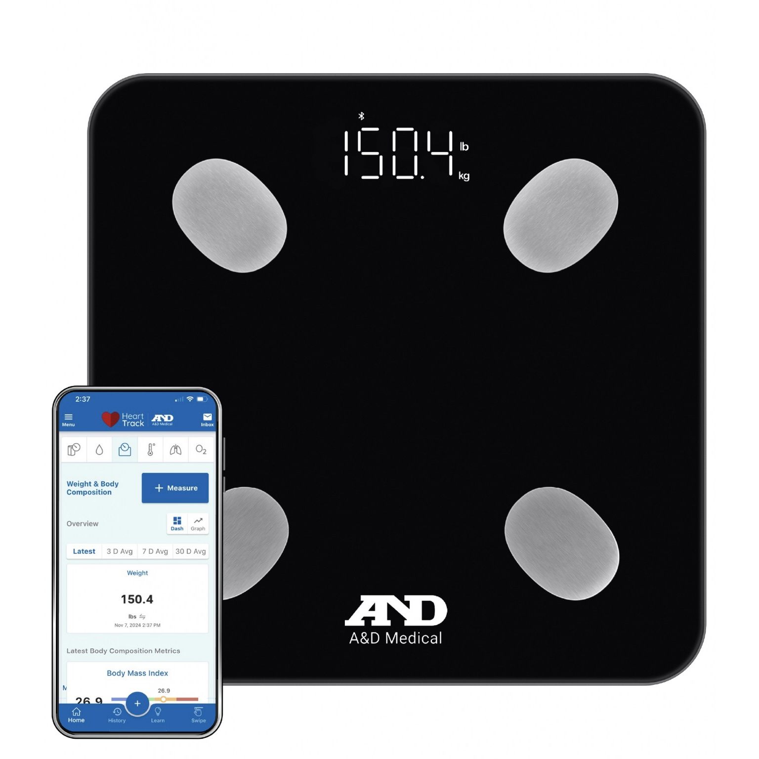 Bluetooth Body Composition Scale with 7 Metrics - A&D Medical