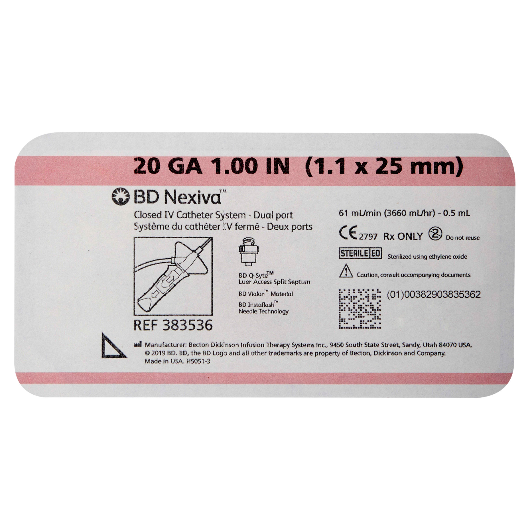 BD Nexiva 24G Closed IV Catheter, Dual Port, Yellow - Each