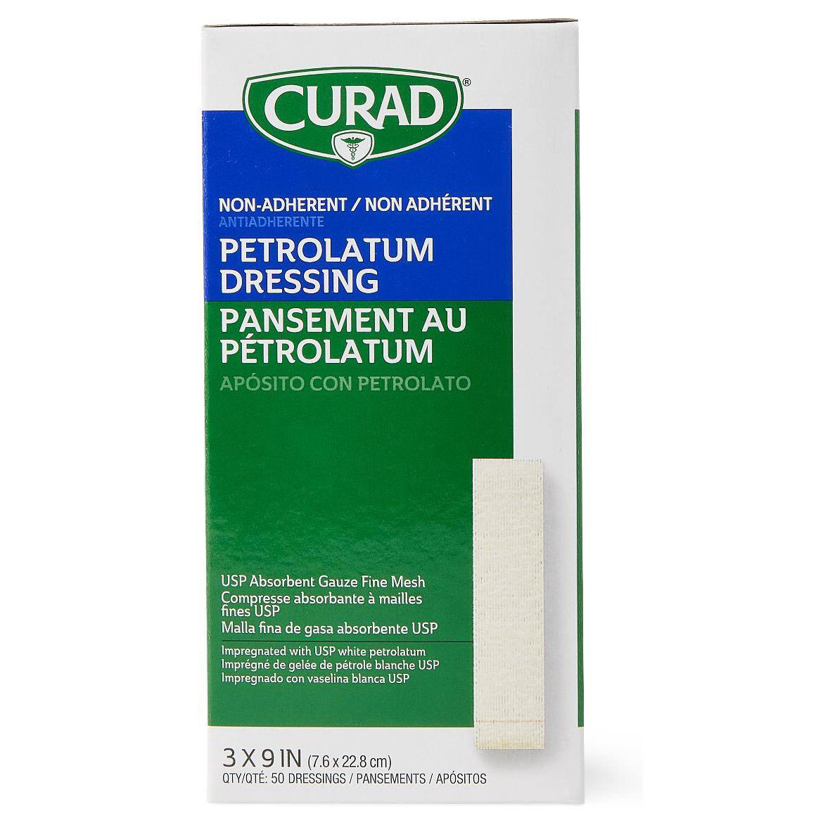 Curad Non-Adherent Petrolatum Gauze Dressing, 3 x 9 Inch - Box of 50