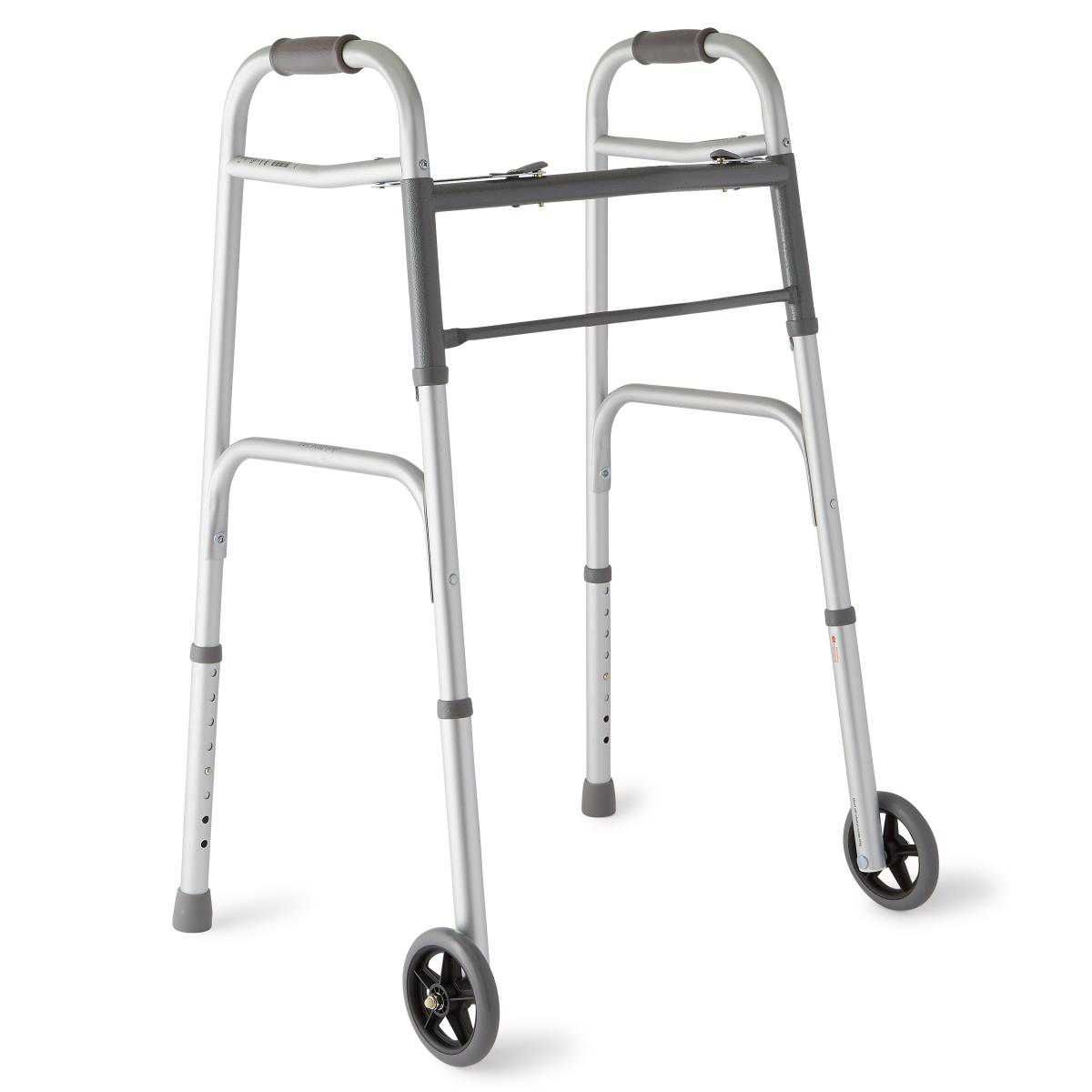 Medline Two-Button Folding Walker with 5 inch Wheels | Case of 4