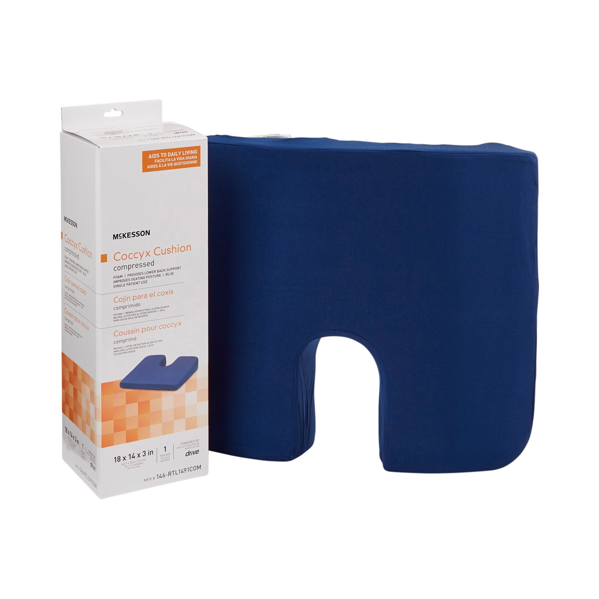 McKesson Blue Coccyx Support Seat Cushion with Cover, 18 W x 14 D x 3 H Inch