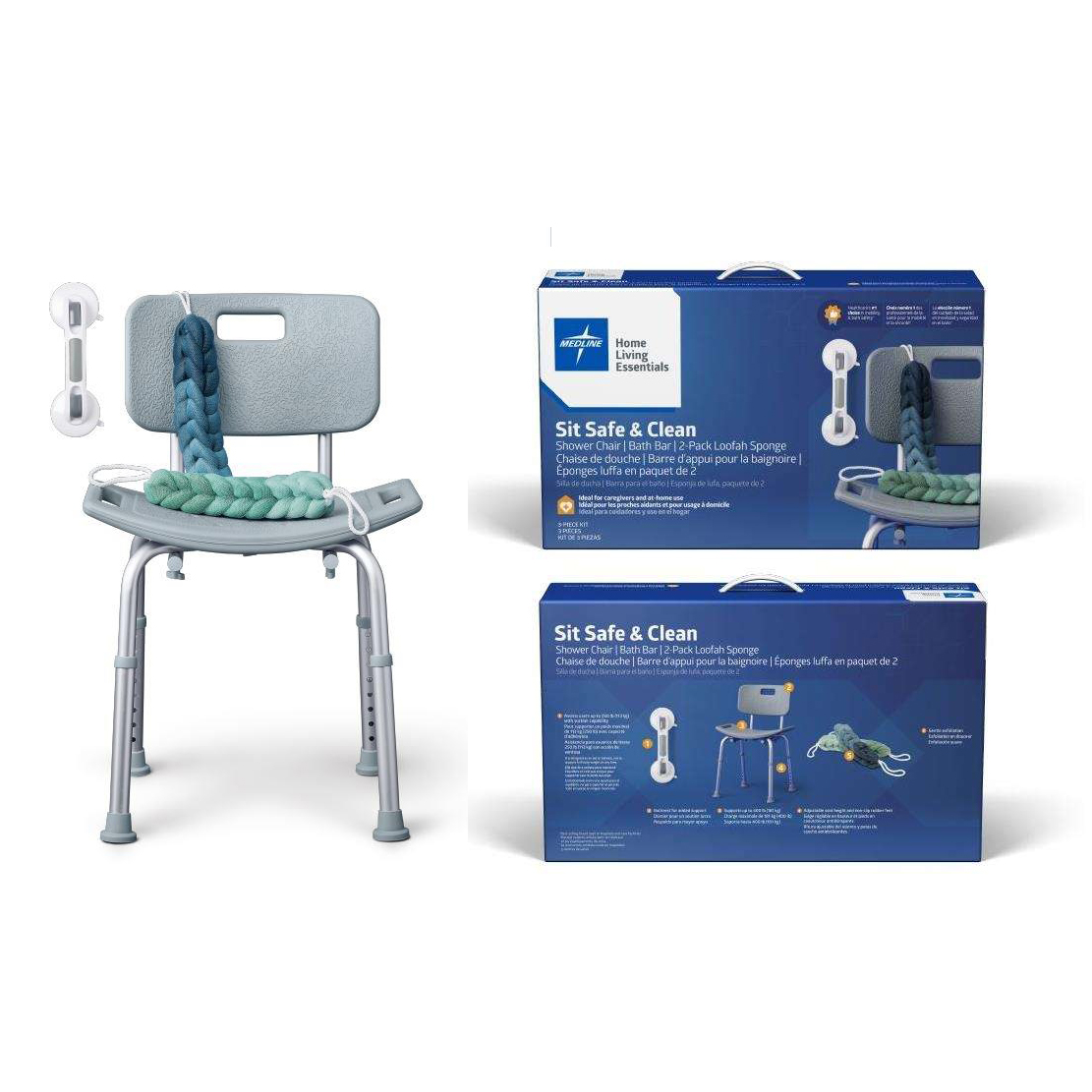 Medline Sit Safe Clean Kit - Shower Chair, Grab Bar, Loofah