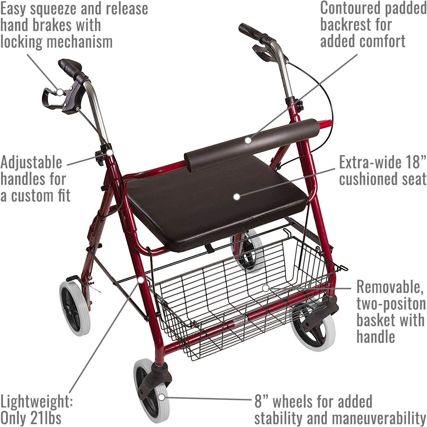DMI Heavy Duty Lightweight 4 Wheel Rollator, Burgundy thumbnail 2