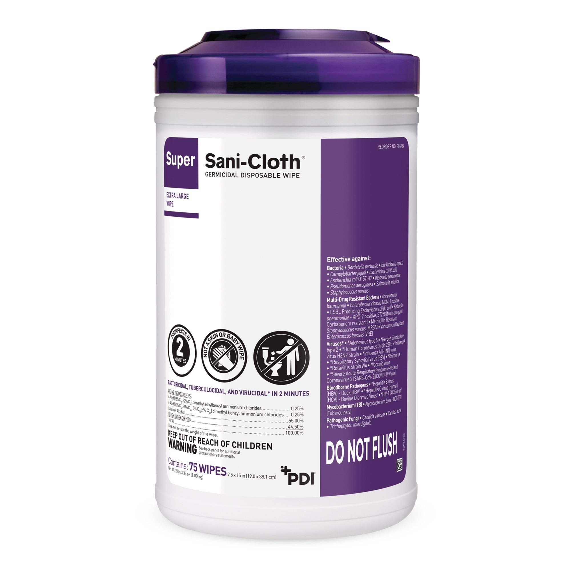 thumbnail image 2 of PDI Sani-Cloth Prime Germicidal Wipes – 65 Extra Large Wipes Per Canister – Case Of 6 – EPA 9480-12, Made In USA 2 of 3
