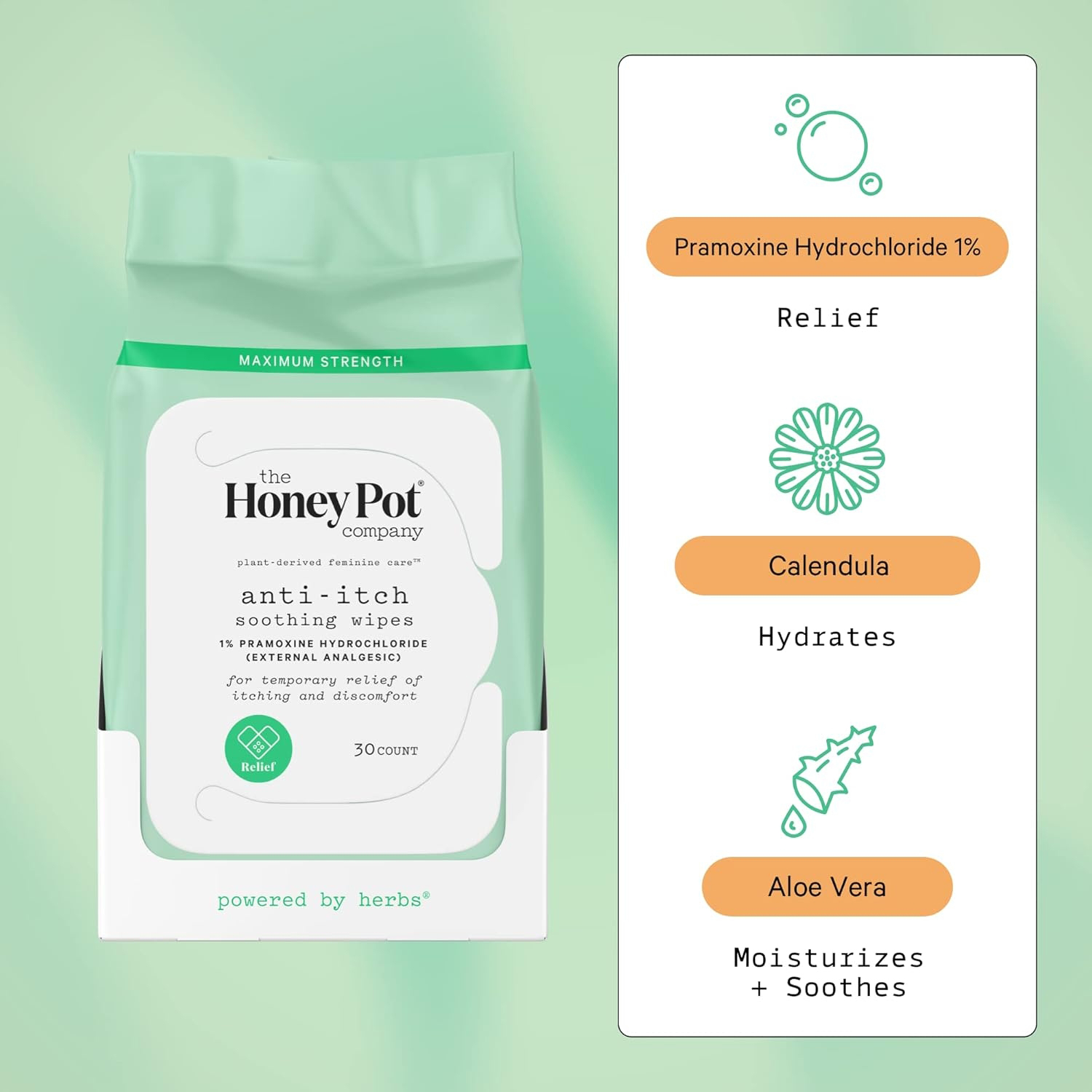 The Honey Pot Anti-Itch Wipes with 1% Pramoxine Hydrochloride - Package of 30 thumbnail 7