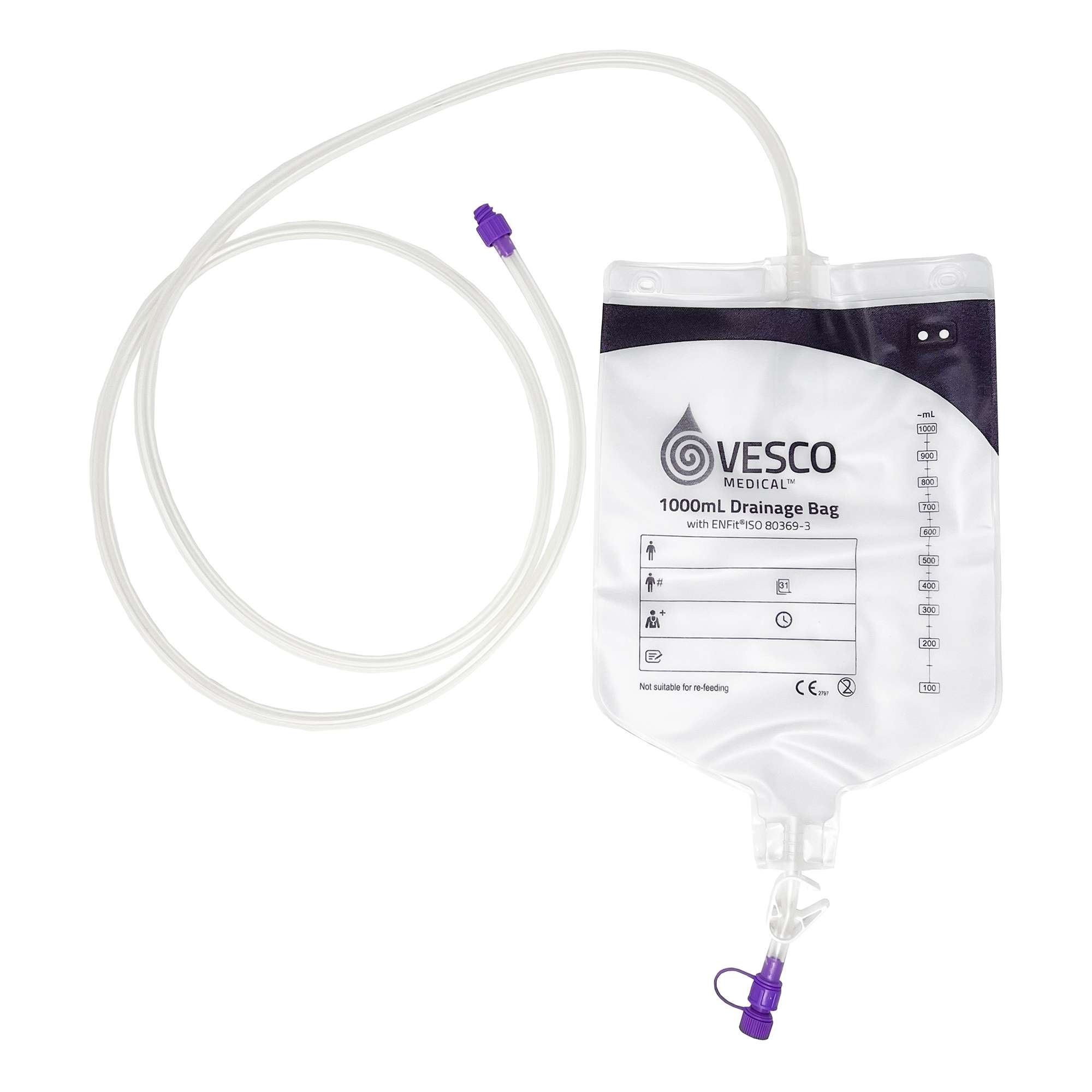 Vesco Medical Enteral Drainage Bag with ENFit Connector, 60 Inch, 1000 mL - Each
